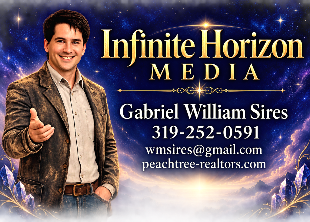 Infinite Horizon Media business card for Gabriel William Sires. Phone: 319-252-0591. Email: wmsires@gmail.com. Website: peachtree-realtors.com.
